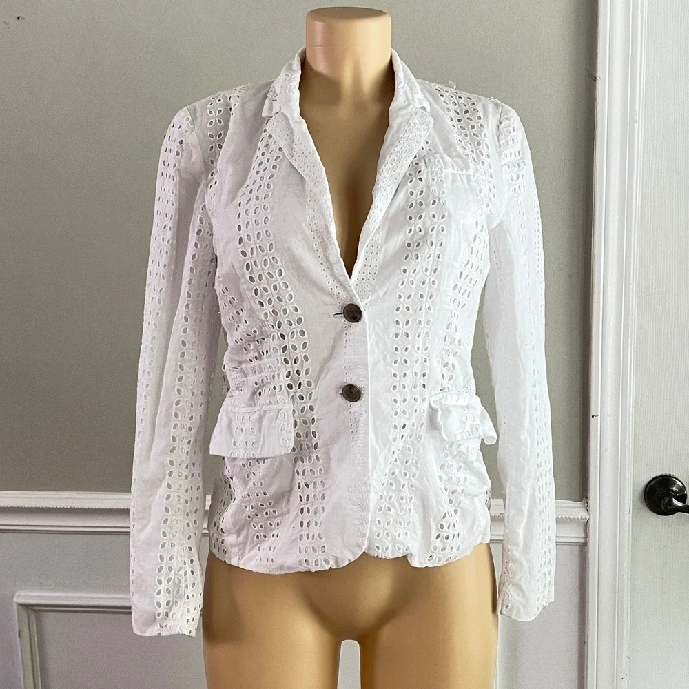 J.Crew Eyelet Blazer Womens 4 White Cotton‎ Floral Lace Two Button Summer Jacket